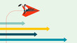© master1305 - Colorful collage. Man flying on red paper plane changing direction from competition. Concept of management, leadership, and strategic decision-making for innovation and bold career choices.