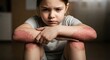 © PearlS - Portrait of a sad and lonely child showing painful red patches from a chronic skin condition like psoriasis or eczema on her arms and knees
