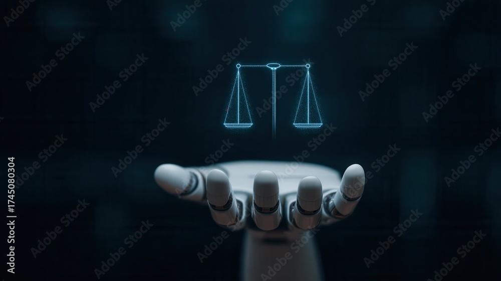 Ilustración de Stock Robotic hand balancing the digital Scales of ...