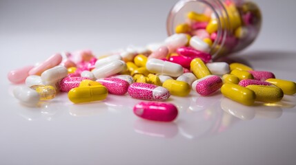 Colorful capsules and pills spilling from transparent jar on neutral surface healthcare composition