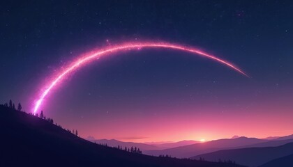 Vibrant comet arcs across twilight sky over softly lit hill. Serene landscape with pink and purple hues, stars, and distant mountains. Celestial scene with comet streaking across sky.