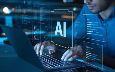AI-powered web development and programming. A software developer coding with artificial intelligence support, ideal for content about machine learning, AI-assisted coding, next-gen tech solutions.