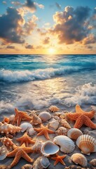 Wall Mural - a vibrant sunset illuminates a sandy beach adorned with a colorful collection of starfish and seashells as gentle waves roll in.
