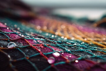 Macro Shot of Colorful Wet Fishing Net Texture