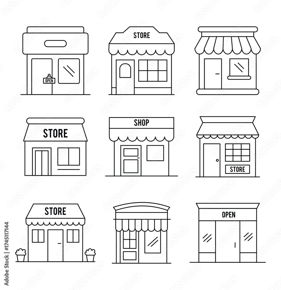 Shop icon set. Store build icons collection. Set of store icon line ...