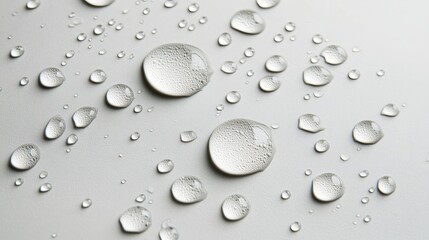 Wall Mural - Delicate water droplets glistening on a smooth white surface, creating an abstract hydration theme.