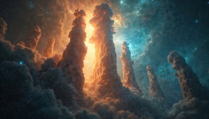 Wall Mural - Cosmic pillars of gas, dust rise in deep space. Bright orange light illuminates tall structures. Dark teal nebula clouds surround small stars. Universe formation, evolution concept artwork. Stellar