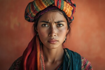 young woman's face expressing confusion, questioning, or distrust in traditional attire, looking dir