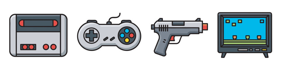Colorful icons of a retro gaming console, joystick, light gun, and crt television, representing classic video game elements.
