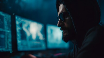 Man in hoodie and sunglasses engrossed in multiple computer screens displaying data and global maps in a dark environment
