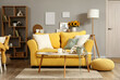 © Pixel-Shot - Interior of stylish living room with yellow sofa and artificial houseplant on coffee table