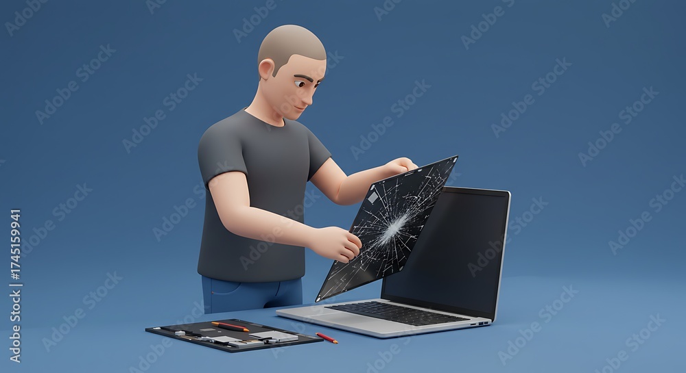 Laptop Repair Dilemma: Animated Man and Broken Screen Stock Photo ...