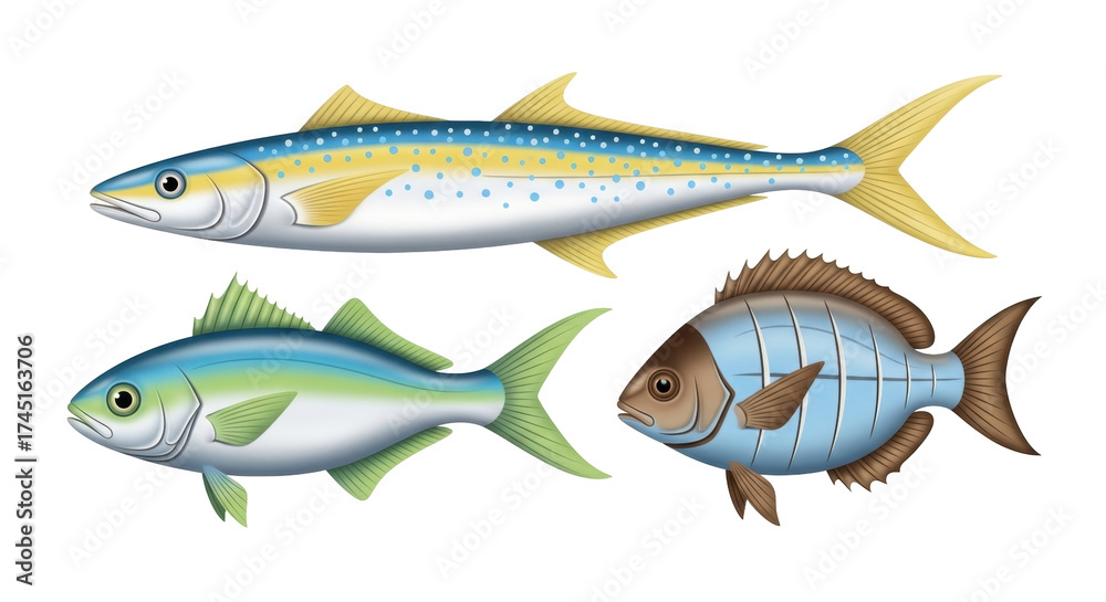 Isolated assortment of fish species featuring diverse shapes, sizes ...