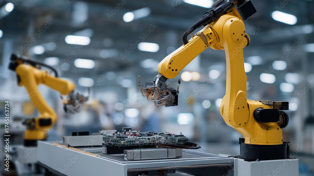 Wide view of modern smart factory where robotic arms and mobile ...