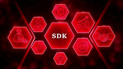 Red Hexagonal Network of Business and Technology Icons Surrounding the Word SDK software development kit