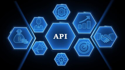 Blue Hexagonal Network of Business and Technology Icons Surrounding the Word API application programming interface