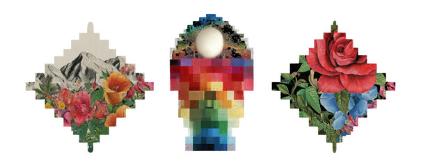 Retro Cutout Collage of Isolated Floral Objects with Colorful Design Elements
