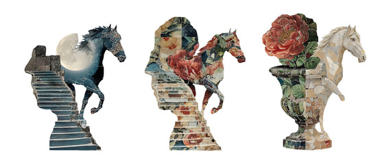 Retro Collage of Isolated Horse and Floral Cutout on Transparent Background