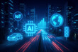 © DreamStock - Futuristic city street at night with AI, IoT, and autonomous car technology visualizations