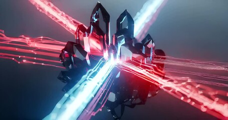 Wall Mural - Abstract crystal structure with glowing blue and red lines in a digital space