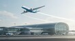 © Mauricio - Modern airport terminal with airplane taking off into the sky on a sunny day