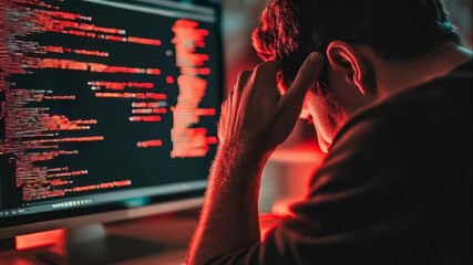 Focused man programmer typing code on computer, then frustrated by error or stress from work, footage