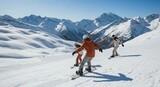 Group of friends snowboarding down the slopes in a beautiful winter mountain landscape