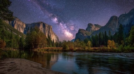 Wall Mural - Yosemite Night. Stunning Milky Way Over Yosemite Valley View