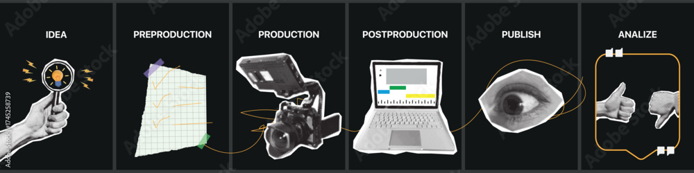 First Production Visual Creative halftone collage illustrating six stages of video production ...