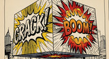 Comic book style illustration featuring the words crack and boom with city buildings behind it