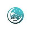 © Tresno - Sleeping Baby on Moon Held by Hand, Stars, Teal Circle Logo