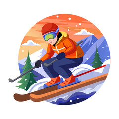 Canvas Print - A flat style illustration showing a kid skiing 
