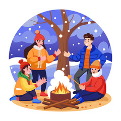 Canvas Print - Flat style illustration showing a family enjoying bonfire 
