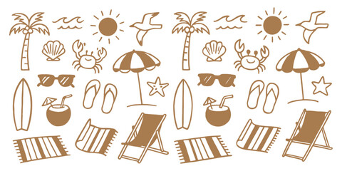 Wall Mural - Hand-drawn doodle beach and surf icon vector set with tropical elements like palm trees, waves, surfboards, and sun. Perfect for summer designs, t-shirts, posters, and coastal design.