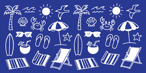 Wall Mural - Hand-drawn doodle beach and surf icon vector set with tropical elements like palm trees, waves, surfboards, and sun. Perfect for summer designs, t-shirts, posters, and coastal design.