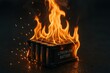 © Gibster - Electric vehicle battery fire. A burning lithium-ion battery with flames and sparks against a dark background.