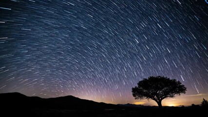 Wall Mural - Bright celestial star trails flowing in mesmerizing arcs across the clear dark night sky, illustrating the Earth's rotation in a stunning timelapse wonder, astronomy, future