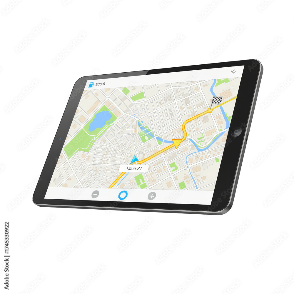 Tablet displaying navigation app interface with route map on isolated ...