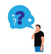 © Eugen - Young Man in Thinking Pose with Question Marks Background. People and ideas generation vector art, announcement graphic template