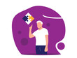 © Eugen - Young Man with Jigsaw Puzzle Solution Finger Pointing Up. People and ideas generation vector art, announcement graphic template