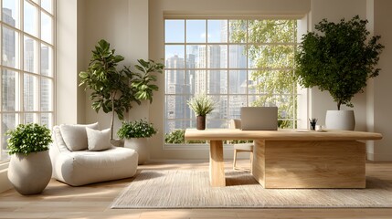 Wall Mural - Photorealistic shot of a modern, luxurious executive office with minimalist wooden furniture, large potted plants and a soft-focus city view.