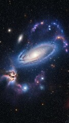 Wall Mural - A stunning vertical view of a brilliant spiral galaxy, set against a dark, star-studded deep space. Vibrant blue and white cosmic dust intertwines with countless twinkling stars, creating a profound s