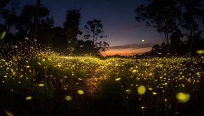 Wall Mural - Enchanting twilight scene of glowing fireflies illuminating a serene field at sunset, nature's magic