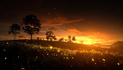 Wall Mural - Serene sunset over a lush landscape with fireflies illuminating the foreground and trees in silhouette