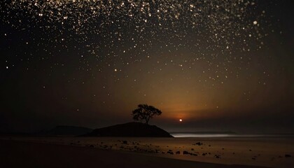 Wall Mural - Serene night landscape featuring a lone tree silhouetted against a starry sky and sunset over the ocean