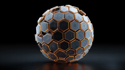 A detailed hexagon pattern forms a spherical shape with bright orange highlights against a dark background