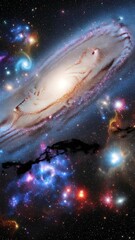 Wall Mural - Immerse yourself in the breathtaking majesty of a distant galaxy, presented in a stunning vertical orientation. This cosmic panorama features a brilliant celestial body at its core, surrounded by swir