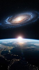 Wall Mural - This captivating vertical video composite features a breathtaking view of a vibrant spiral galaxy majestically floating in the deep expanse of a star-filled universe, providing a sense of cosmic grand