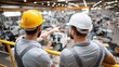 © lililia - Two workers wearing hard hats point and discuss various aspects of their project in a spacious industrial setting