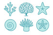 © Mark - Six turquoise marine life icons: coral, starfish, sea anemone, sand dollar